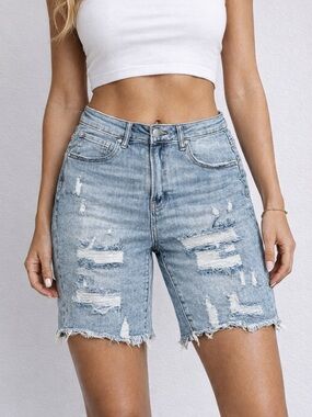 Risen Light Blue Distressed Bermuda Jeans Shorts for Women